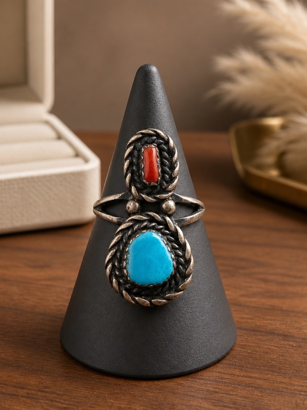 Size 5 Vintage Navajo Sterling Silver Turquoise and Coral Double Stone Ring